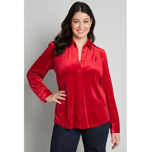 ModCloth Be Buzzworthy Velvet Button-Up Top - Picture 2 of 9